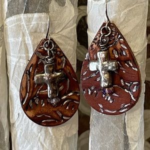 Silver cross with Swarovski crystal bead on leather teardrop earrings